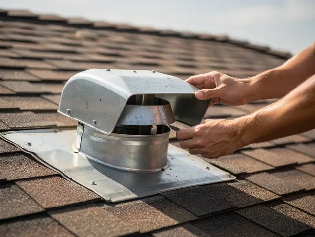 Middletown Dryer Vent Cleaning certified technician safely cleaning a roof-mounted dryer vent in Middletown